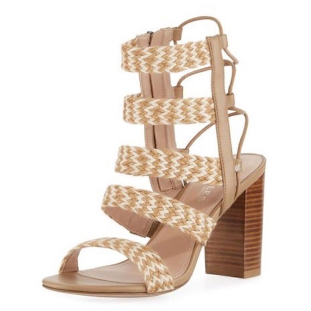 Charles by Charles David ELLA Tan Cream Woven Caged Strappy Block Heel Sandals